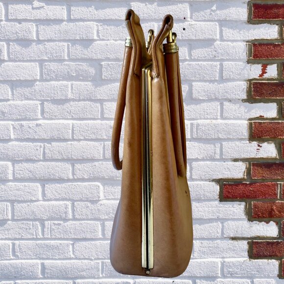 Vintage 60's Tan Brown Leather Handbag Purse with Covered Metal Handles - Picture 4 of 14